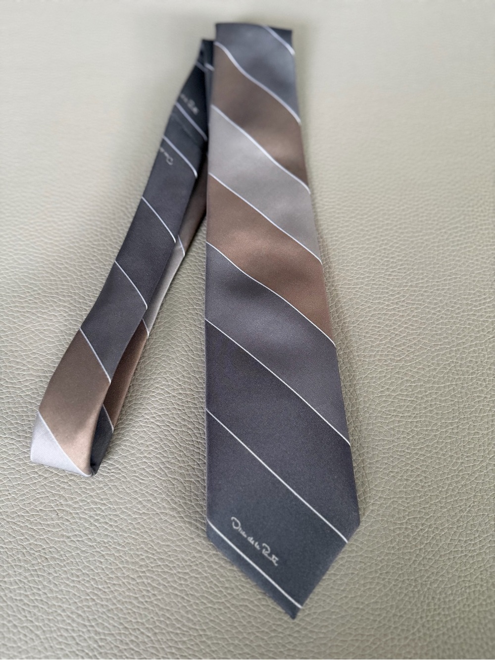 Oscar de la Renta Brown and Gray Striped Silk Tie